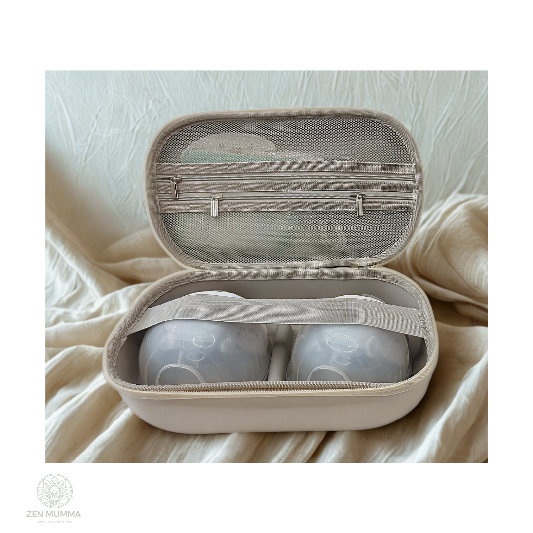 zen mumma double wearable breast pump shown in carry case