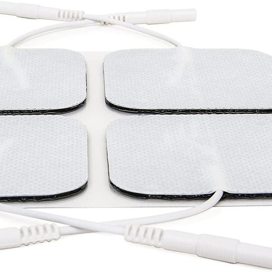Electrode pads for muscle stimulation with leads on a white background